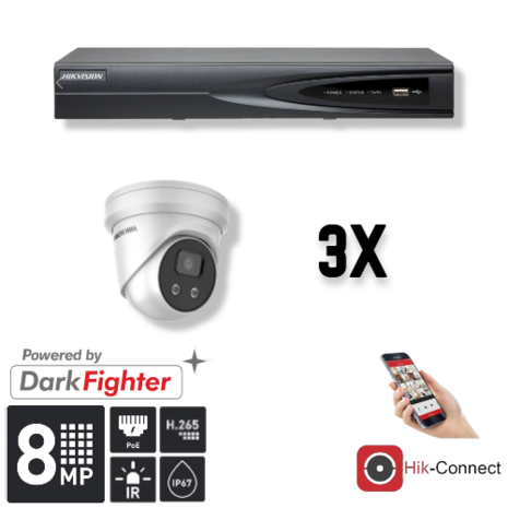 Set 3x Turret 8MP + Recorder & Bekabeling