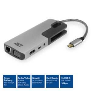 ACT AC7043 USB-C naar HDMI of VGA multiport adapter met ethe